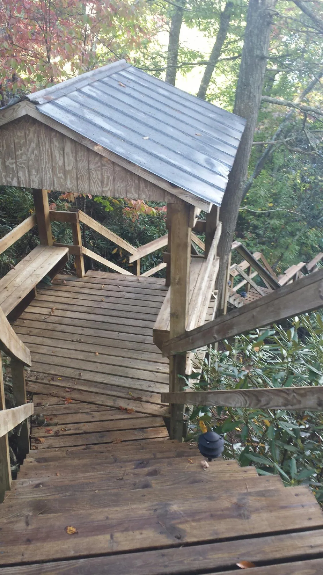 Metal roofed shelter over wooden steps on a wooded walkway — Skylight Repair & Installation work by our crew in Elkwood